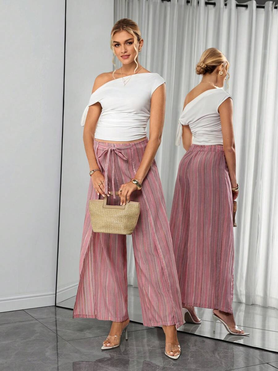 Baby Pink Striped Maternity Pants Set - Elegant Elastic Waist Wide Leg Trousers - Casual Two Piece Summer Holiday Outfit for Pregnant Women