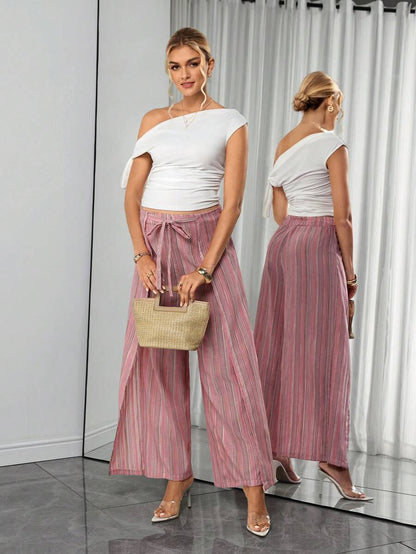 Baby Pink Striped Maternity Pants Set - Elegant Elastic Waist Wide Leg Trousers - Casual Two Piece Summer Holiday Outfit for Pregnant Women