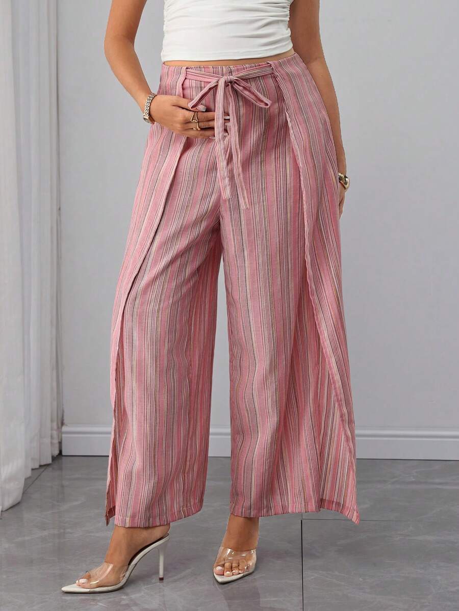 Baby Pink Striped Maternity Pants Set - Elegant Elastic Waist Wide Leg Trousers - Casual Two Piece Summer Holiday Outfit for Pregnant Women