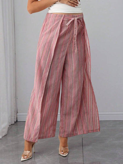Baby Pink Striped Maternity Pants Set - Elegant Elastic Waist Wide Leg Trousers - Casual Two Piece Summer Holiday Outfit for Pregnant Women