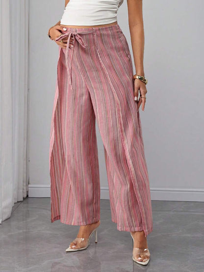 Baby Pink Striped Maternity Pants Set - Elegant Elastic Waist Wide Leg Trousers - Casual Two Piece Summer Holiday Outfit for Pregnant Women