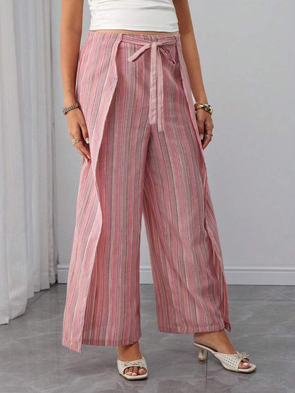 Baby Pink Striped Maternity Pants Set - Elegant Elastic Waist Wide Leg Trousers - Casual Two Piece Summer Holiday Outfit for Pregnant Women