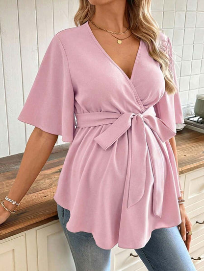 V-Neck Maternity Peplum Blouse with Flounce Sleeves and Adjustable Waist Belt in Dusty Pink for Work or Casual Wear