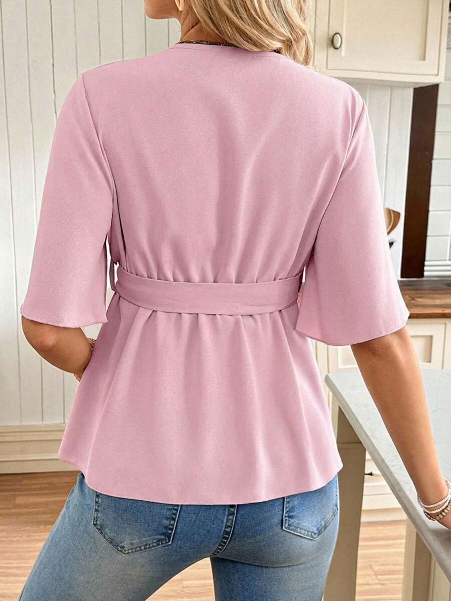 V-Neck Maternity Peplum Blouse with Flounce Sleeves and Adjustable Waist Belt in Dusty Pink for Work or Casual Wear