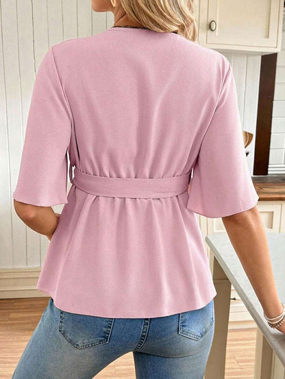 V-Neck Maternity Peplum Blouse with Flounce Sleeves and Adjustable Waist Belt in Dusty Pink for Work or Casual Wear