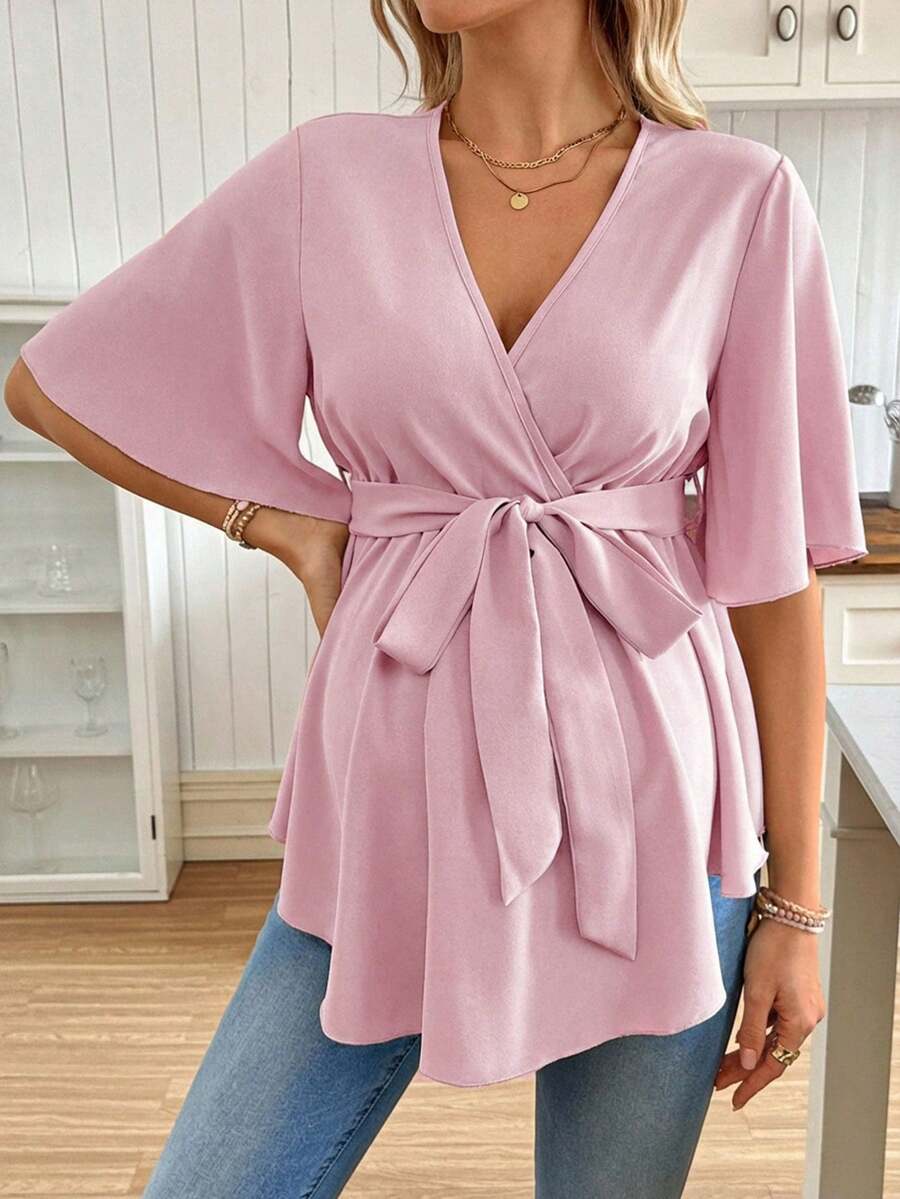 V-Neck Maternity Peplum Blouse with Flounce Sleeves and Adjustable Waist Belt in Dusty Pink for Work or Casual Wear