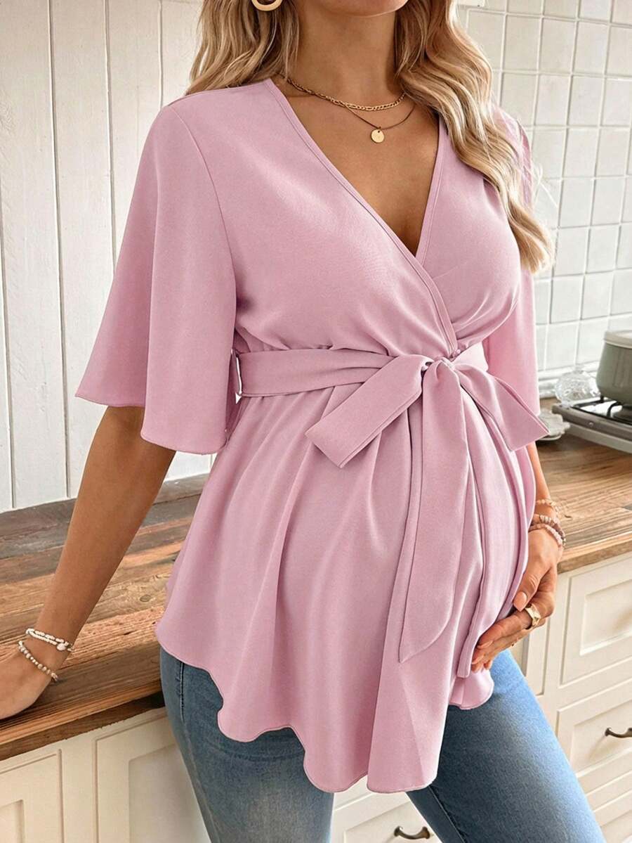 V-Neck Maternity Peplum Blouse with Flounce Sleeves and Adjustable Waist Belt in Dusty Pink for Work or Casual Wear