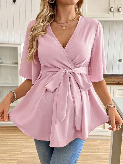 V-Neck Maternity Peplum Blouse with Flounce Sleeves and Adjustable Waist Belt in Dusty Pink for Work or Casual Wear