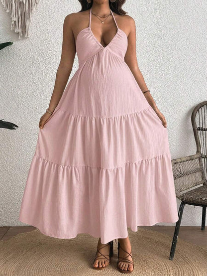 Cherish Maternity Solid Color Backless Maxi Maternity Dress Elegant Sleeveless V Neck Slim Fit Flowy Summer Gown Black