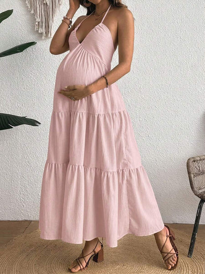 Cherish Maternity Solid Color Backless Maxi Maternity Dress Elegant Sleeveless V Neck Slim Fit Flowy Summer Gown Black