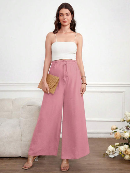 Maternity Wide Leg Pants Loose Fit Redwood Drawstring Elastic Waist Casual Long Trousers for Home and Summer Comfort