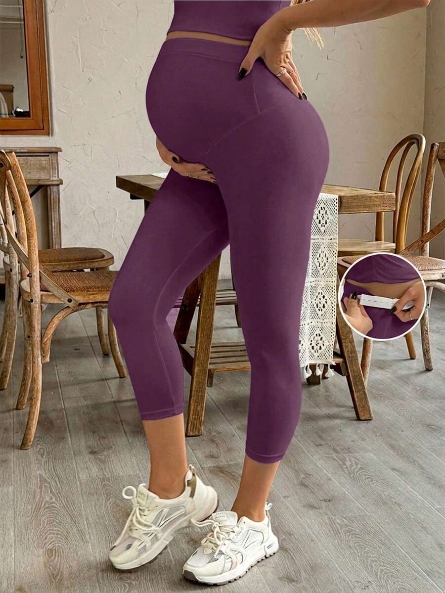 Purple High Elastic Maternity Leggings - Striped Belly Support Yoga Pants for Nursing Moms - High Waist Non-Transparent Sports Trousers for All Seasons