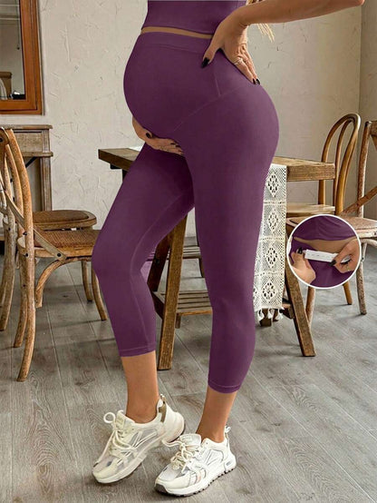 Purple High Elastic Maternity Leggings - Striped Belly Support Yoga Pants for Nursing Moms - High Waist Non-Transparent Sports Trousers for All Seasons