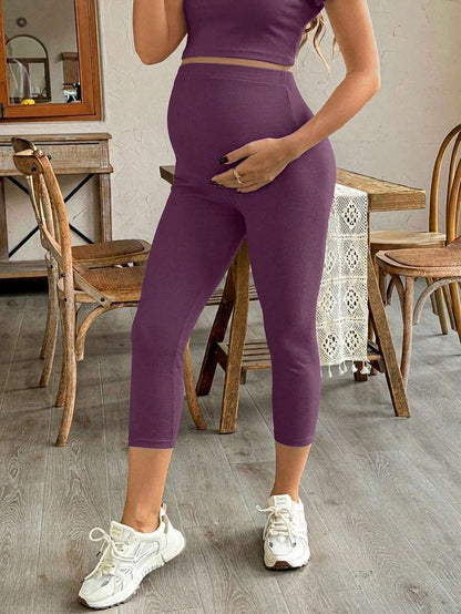 Purple High Elastic Maternity Leggings - Striped Belly Support Yoga Pants for Nursing Moms - High Waist Non-Transparent Sports Trousers for All Seasons