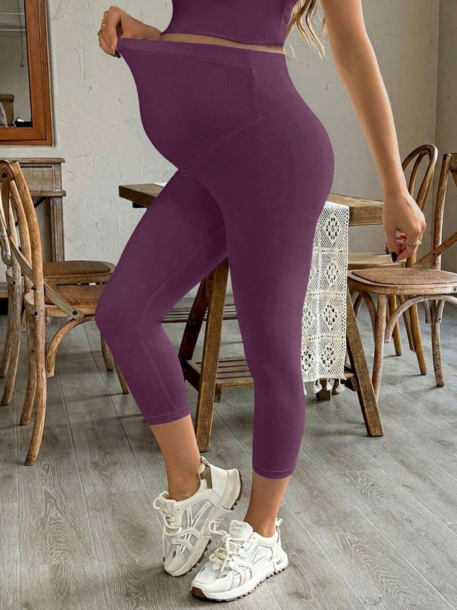 Purple High Elastic Maternity Leggings - Striped Belly Support Yoga Pants for Nursing Moms - High Waist Non-Transparent Sports Trousers for All Seasons