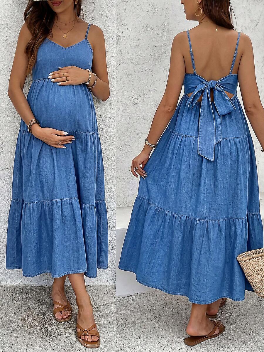 Maternity Backless Denim Midi Slip Dress with Tie-Knot Tiered Hem and Spaghetti Straps – Chic Y2K Summer Beach Vacation Denim Sun Dress
