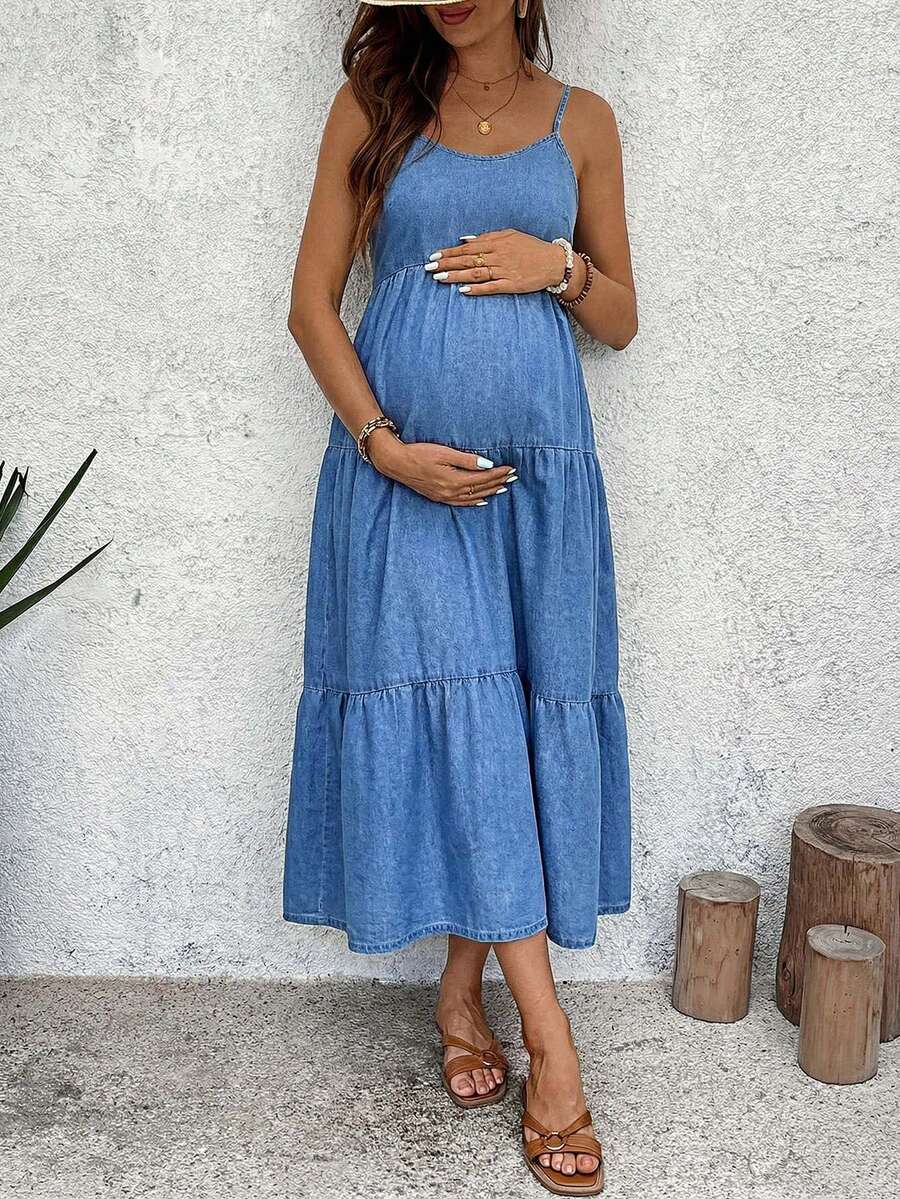 Maternity Backless Denim Midi Slip Dress with Tie-Knot Tiered Hem and Spaghetti Straps – Chic Y2K Summer Beach Vacation Denim Sun Dress