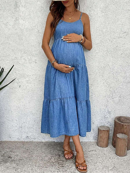 Maternity Backless Denim Midi Slip Dress with Tie-Knot Tiered Hem and Spaghetti Straps – Chic Y2K Summer Beach Vacation Denim Sun Dress