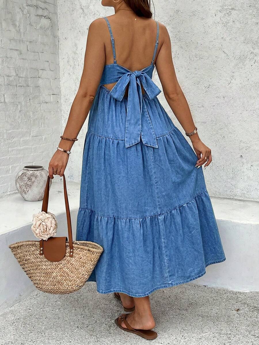 Maternity Backless Denim Midi Slip Dress with Tie-Knot Tiered Hem and Spaghetti Straps – Chic Y2K Summer Beach Vacation Denim Sun Dress