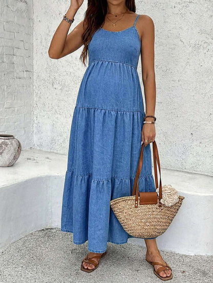 Maternity Backless Denim Midi Slip Dress with Tie-Knot Tiered Hem and Spaghetti Straps – Chic Y2K Summer Beach Vacation Denim Sun Dress