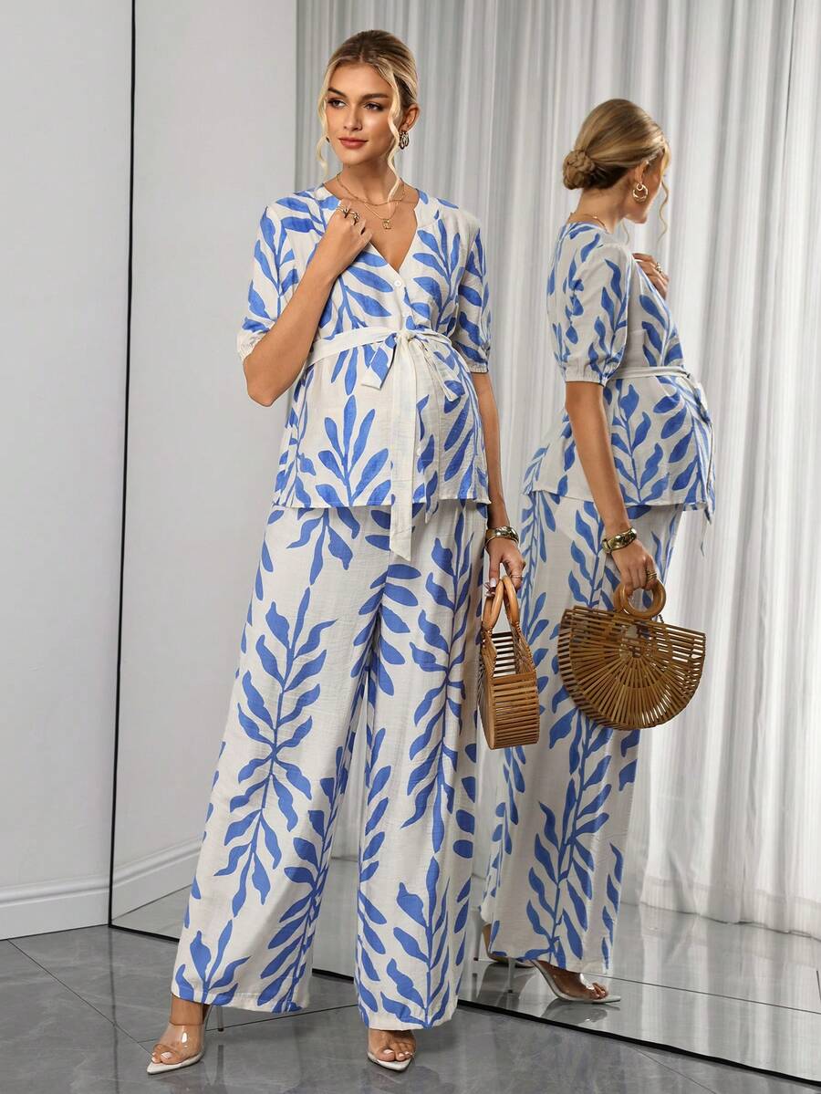 Maternity 2-Piece Set - V Neck Blouse & Floral Straight Leg Pants, Belted, Regular Fit, Blue