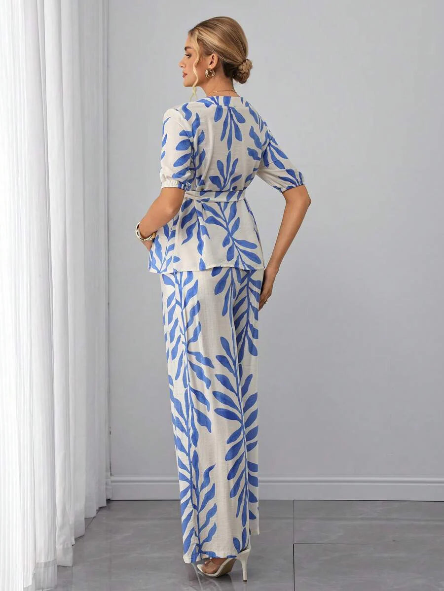 Maternity 2-Piece Set - V Neck Blouse & Floral Straight Leg Pants, Belted, Regular Fit, Blue