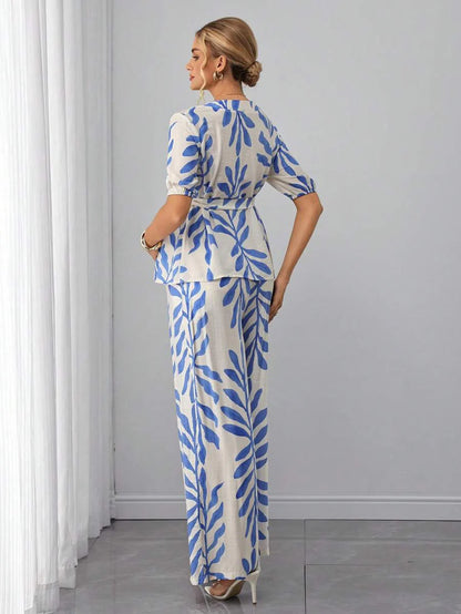 Maternity 2-Piece Set - V Neck Blouse & Floral Straight Leg Pants, Belted, Regular Fit, Blue