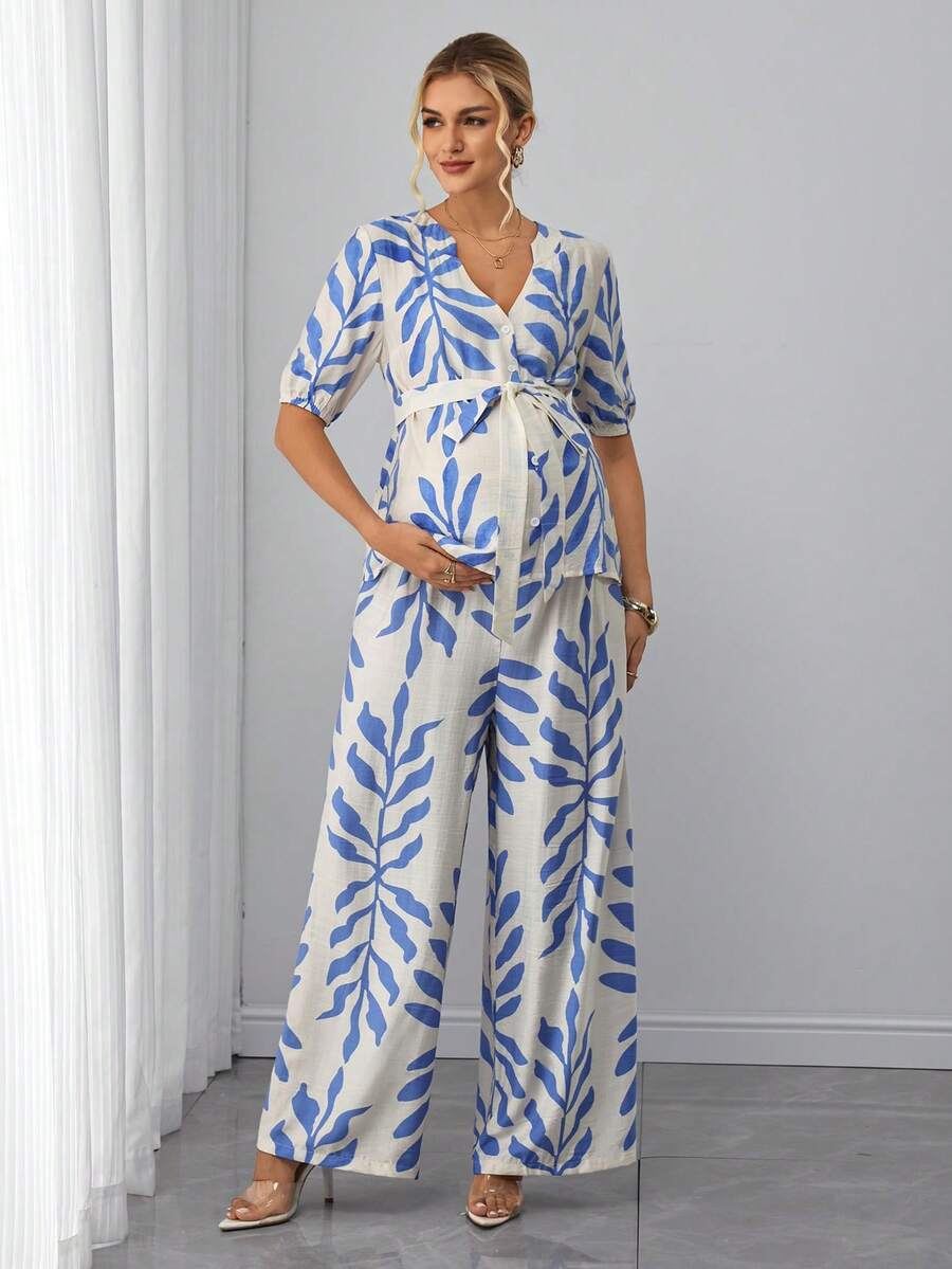 Maternity 2-Piece Set - V Neck Blouse & Floral Straight Leg Pants, Belted, Regular Fit, Blue