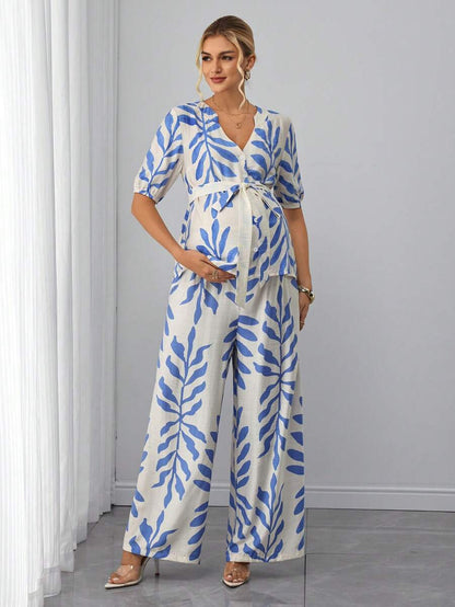 Maternity 2-Piece Set - V Neck Blouse & Floral Straight Leg Pants, Belted, Regular Fit, Blue