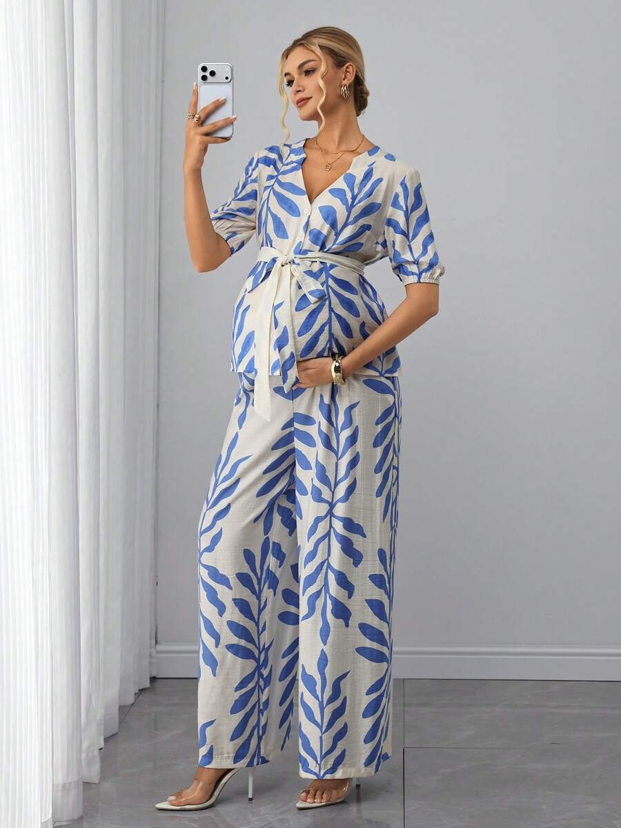 Maternity 2-Piece Set - V Neck Blouse & Floral Straight Leg Pants, Belted, Regular Fit, Blue