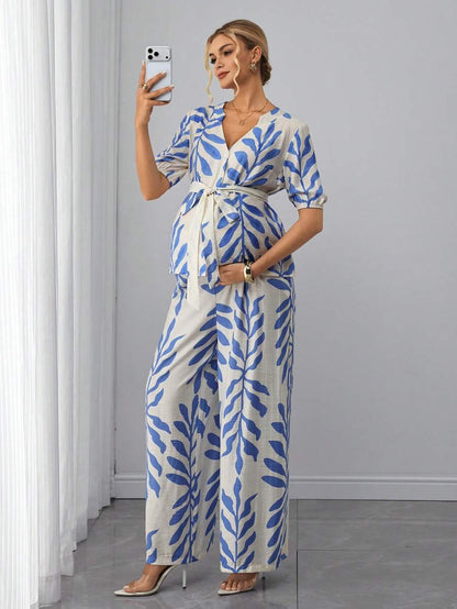 Maternity 2-Piece Set - V Neck Blouse & Floral Straight Leg Pants, Belted, Regular Fit, Blue
