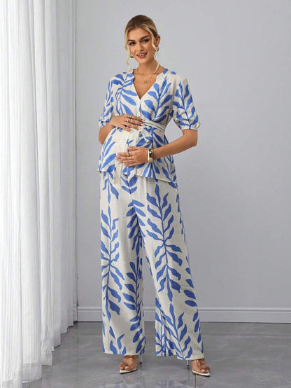 Maternity 2-Piece Set - V Neck Blouse & Floral Straight Leg Pants, Belted, Regular Fit, Blue