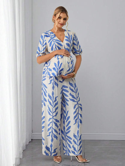 Maternity 2-Piece Set - V Neck Blouse & Floral Straight Leg Pants, Belted, Regular Fit, Blue