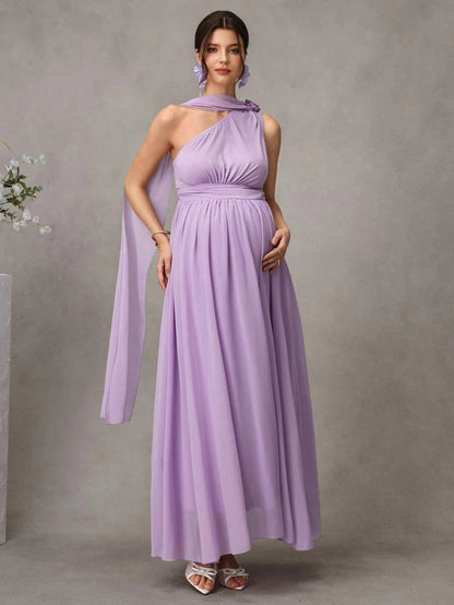Maternity Striped A-Line Long Dress - One Shoulder, Cloak Sleeve, Ruffle, Flared Hem, Mauve Purple