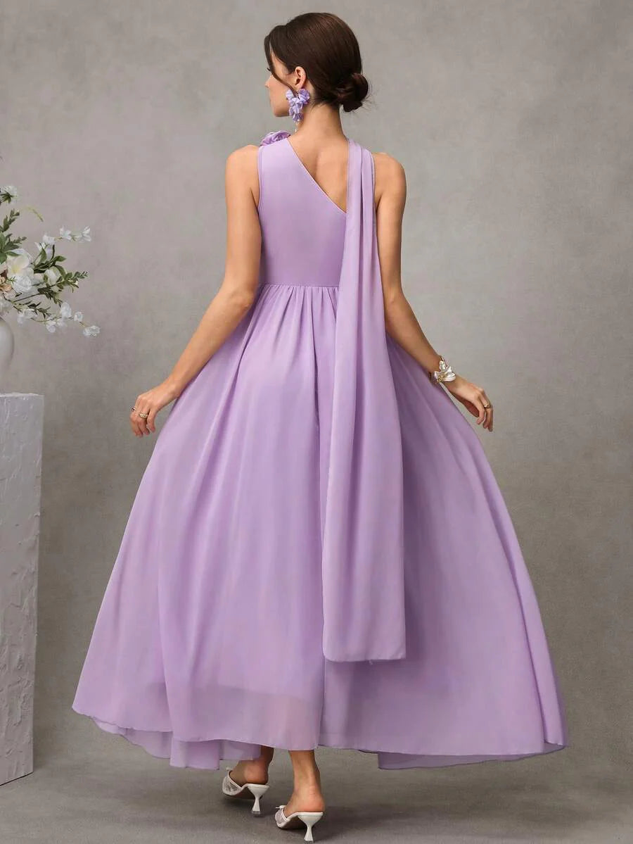 Maternity Striped A-Line Long Dress - One Shoulder, Cloak Sleeve, Ruffle, Flared Hem, Mauve Purple