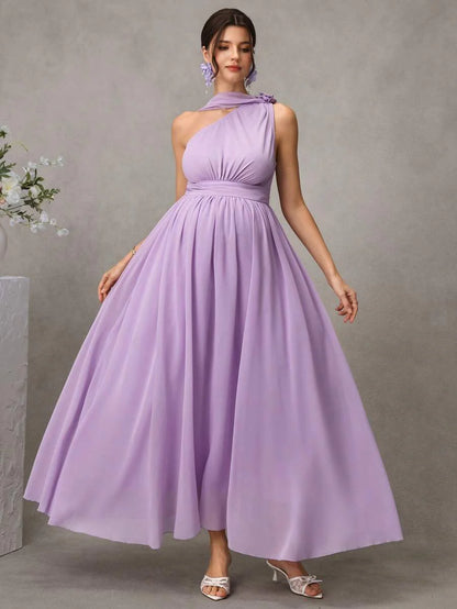 Maternity Striped A-Line Long Dress - One Shoulder, Cloak Sleeve, Ruffle, Flared Hem, Mauve Purple