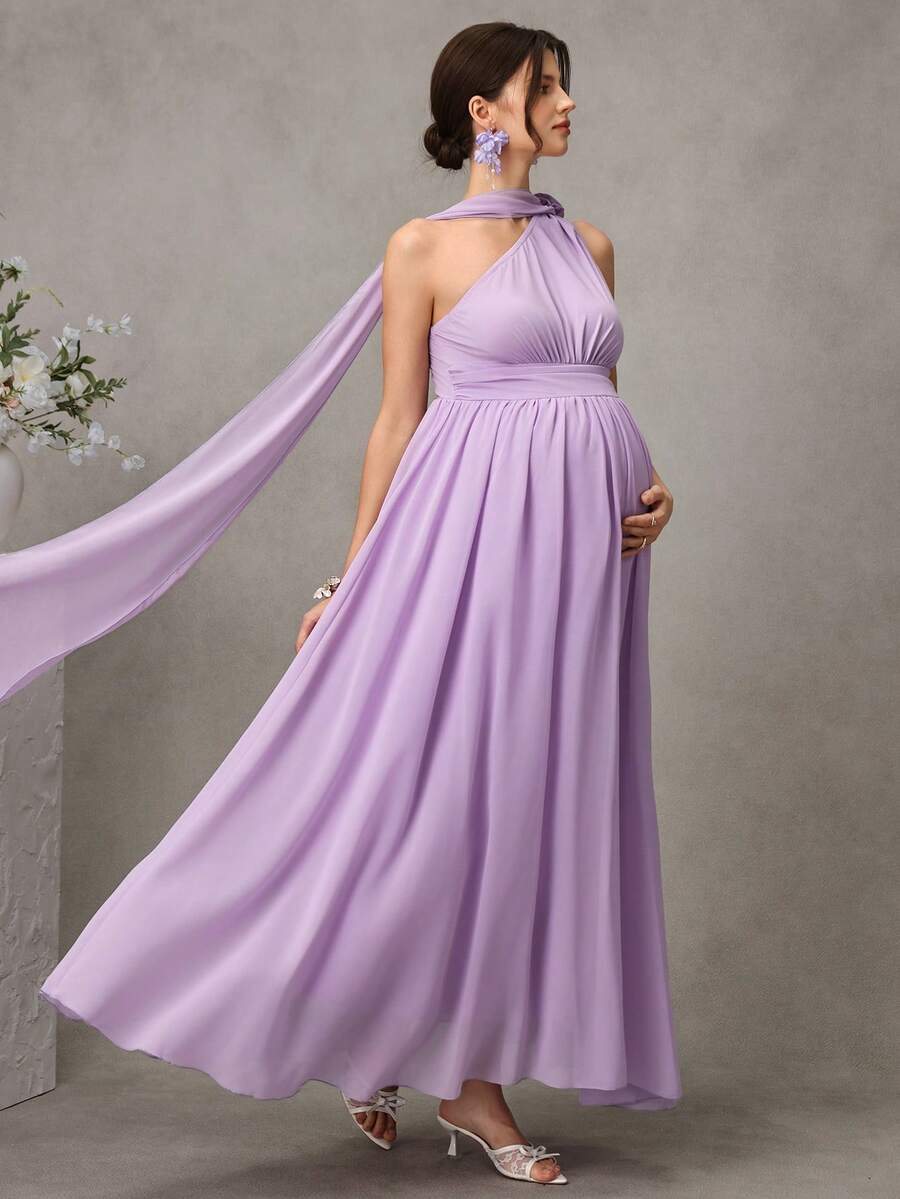 Maternity Striped A-Line Long Dress - One Shoulder, Cloak Sleeve, Ruffle, Flared Hem, Mauve Purple