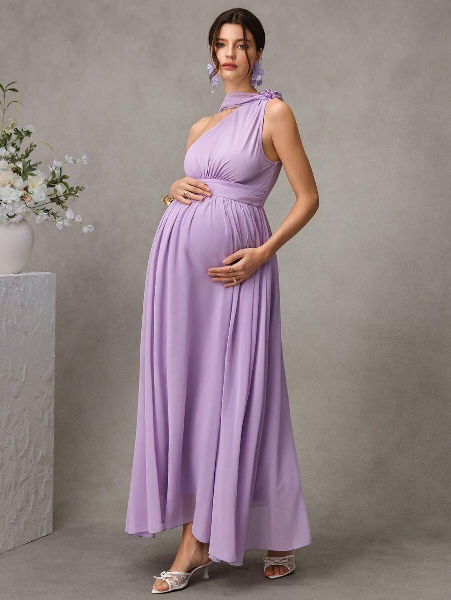 Maternity Striped A-Line Long Dress - One Shoulder, Cloak Sleeve, Ruffle, Flared Hem, Mauve Purple