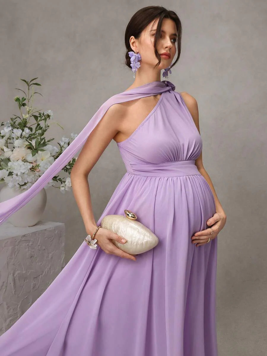 Maternity Striped A-Line Long Dress - One Shoulder, Cloak Sleeve, Ruffle, Flared Hem, Mauve Purple