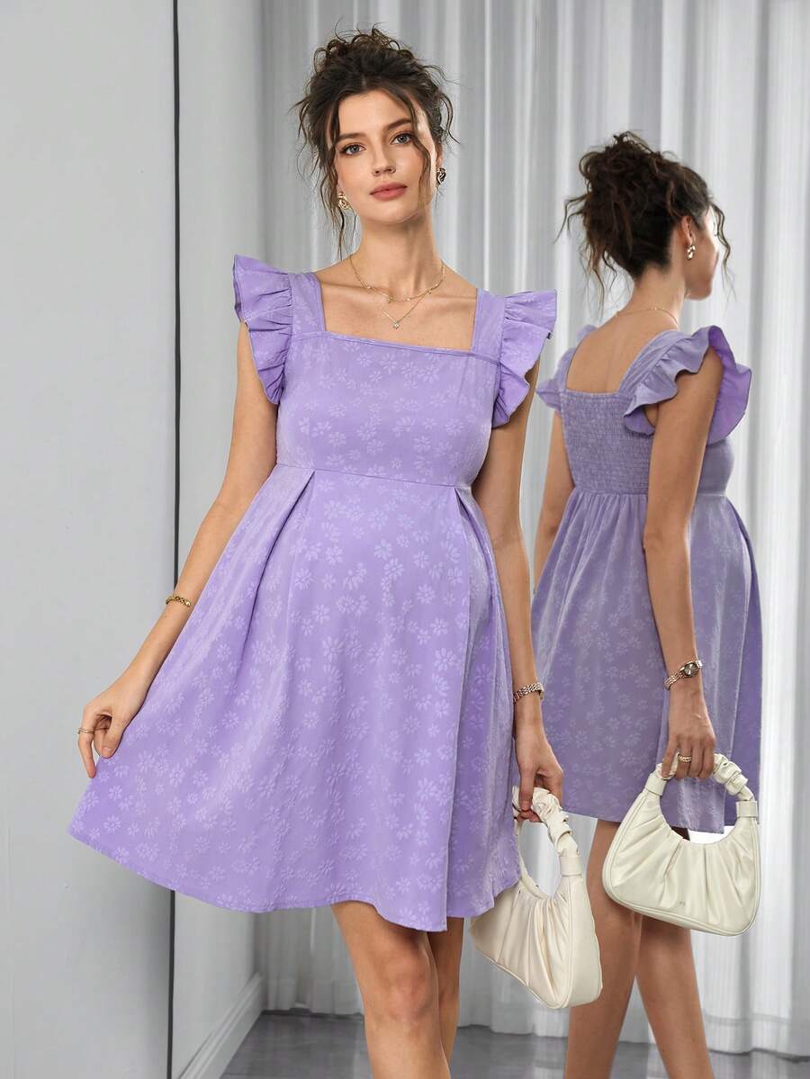 Maternity A-Line Short Dress - Square Neck, Puff Cap Sleeve, Ruffle, Jacquard, Slim Fit, Mauve Purple