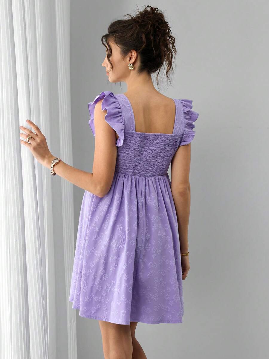 Maternity A-Line Short Dress - Square Neck, Puff Cap Sleeve, Ruffle, Jacquard, Slim Fit, Mauve Purple