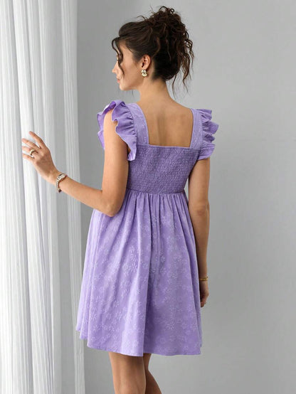 Maternity A-Line Short Dress - Square Neck, Puff Cap Sleeve, Ruffle, Jacquard, Slim Fit, Mauve Purple