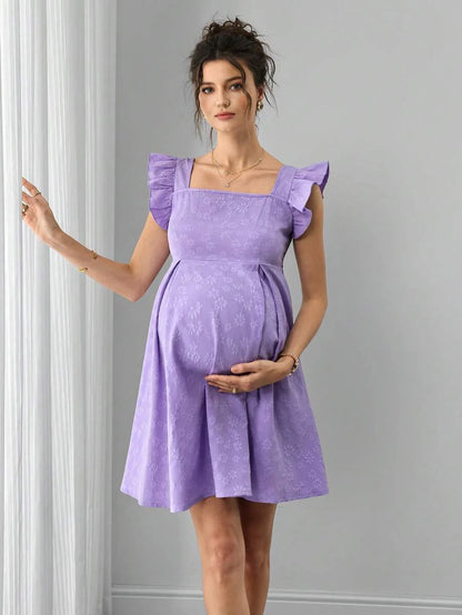 Maternity A-Line Short Dress - Square Neck, Puff Cap Sleeve, Ruffle, Jacquard, Slim Fit, Mauve Purple