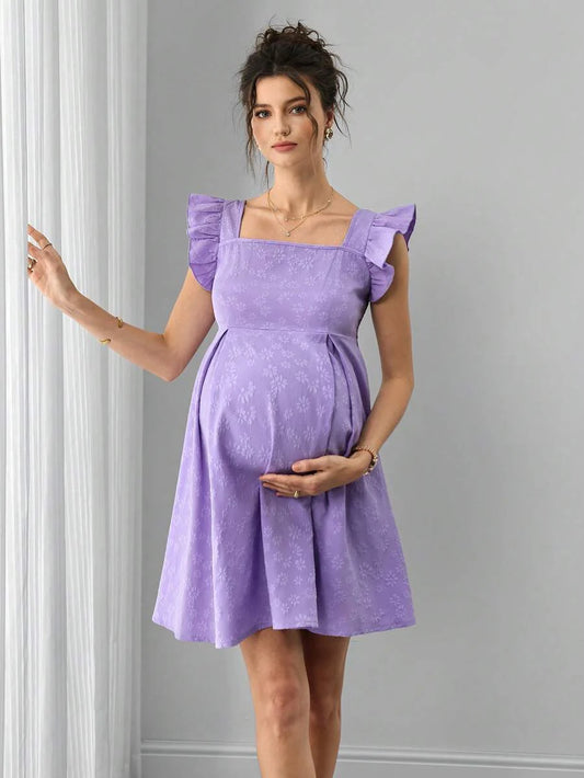 Maternity A-Line Short Dress - Square Neck, Puff Cap Sleeve, Ruffle, Jacquard, Slim Fit, Mauve Purple