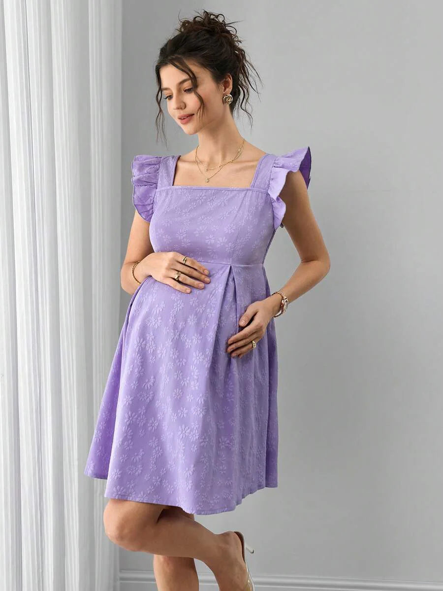 Maternity A-Line Short Dress - Square Neck, Puff Cap Sleeve, Ruffle, Jacquard, Slim Fit, Mauve Purple