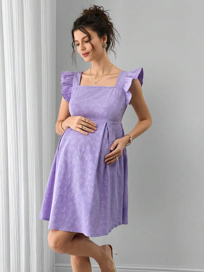 Maternity A-Line Short Dress - Square Neck, Puff Cap Sleeve, Ruffle, Jacquard, Slim Fit, Mauve Purple