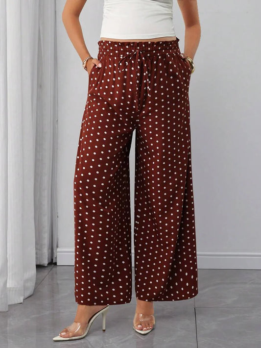 Maternity Polka Dot Straight Leg Pants - Frill Trim, Bow Tie Waist, Pocket, Loose, Rust Brown