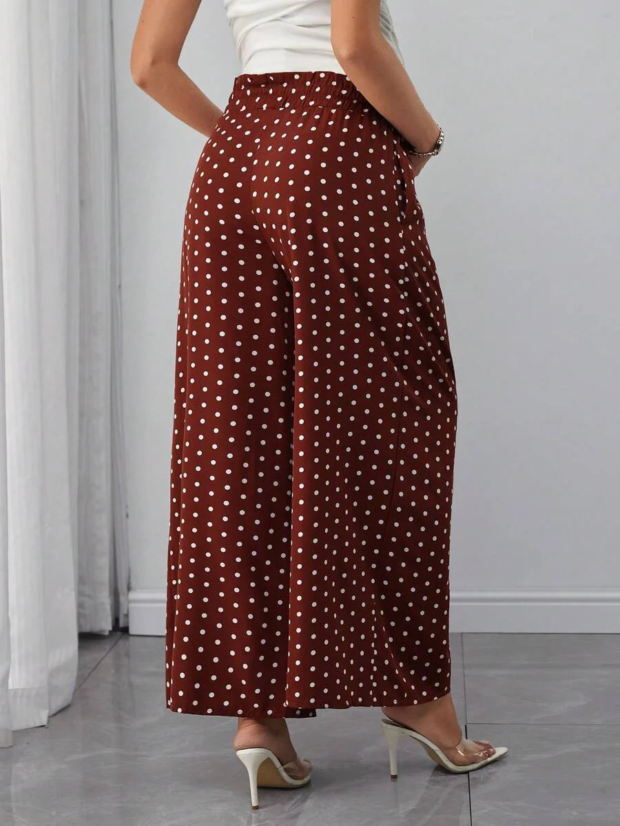 Maternity Polka Dot Straight Leg Pants - Frill Trim, Bow Tie Waist, Pocket, Loose, Rust Brown