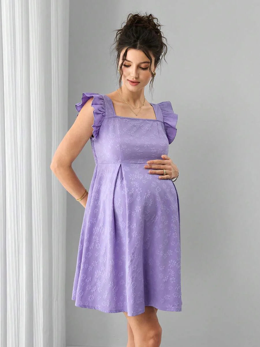 Maternity A-Line Short Dress - Square Neck, Puff Cap Sleeve, Ruffle, Jacquard, Slim Fit, Mauve Purple