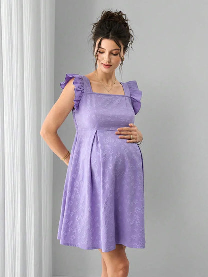 Maternity A-Line Short Dress - Square Neck, Puff Cap Sleeve, Ruffle, Jacquard, Slim Fit, Mauve Purple